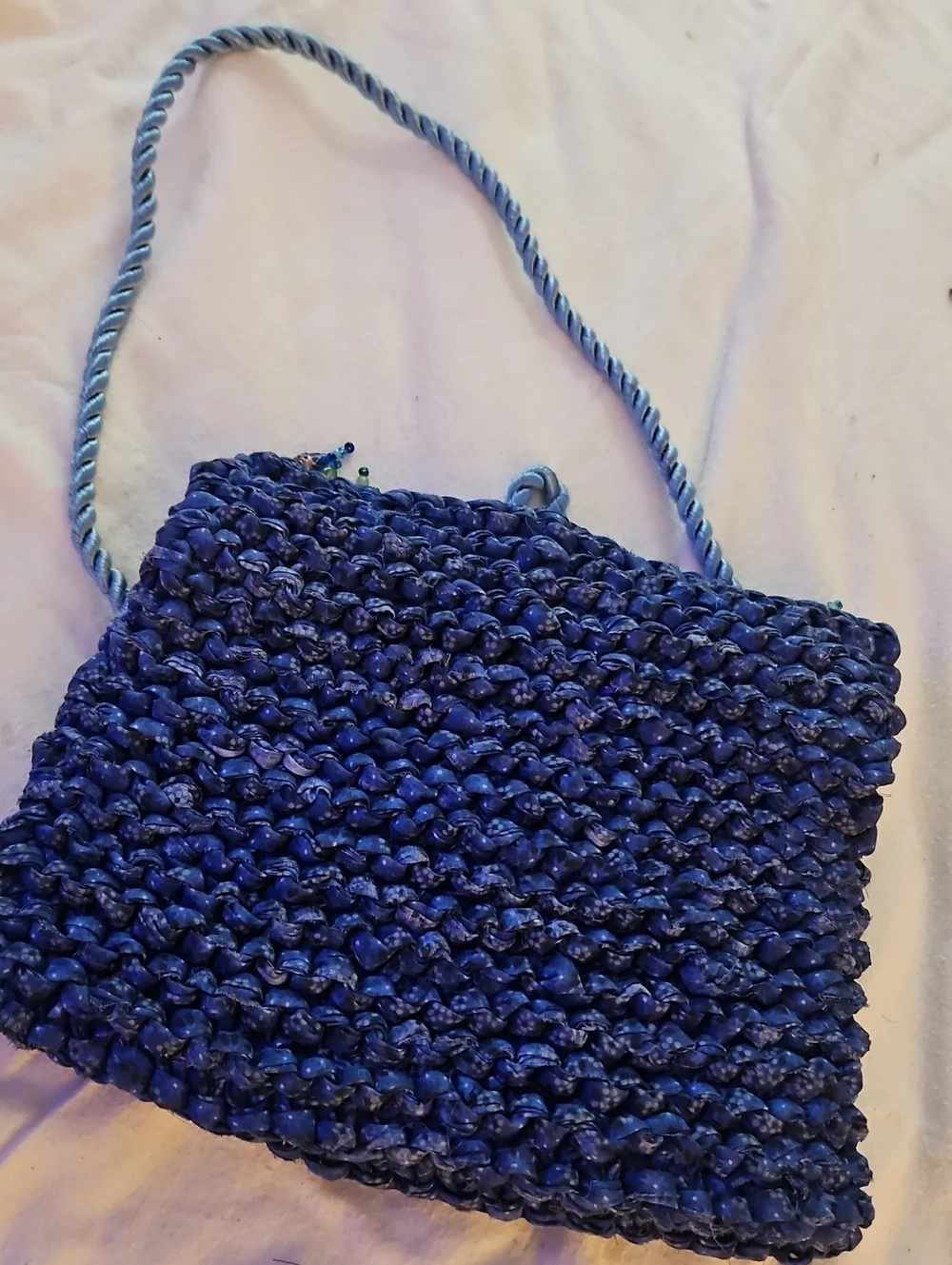 Handwoven Blue Crochet Shoulder Bag with Button Closure